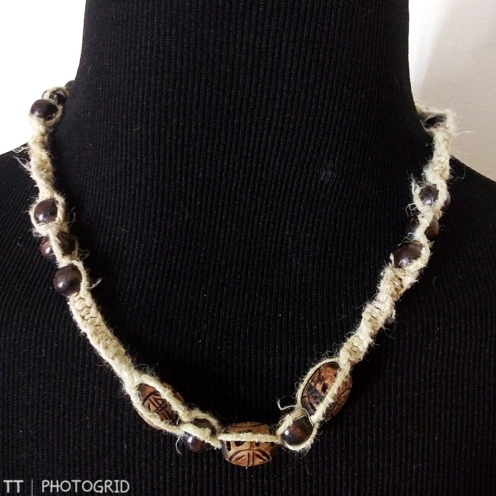 New Handmade Hemp and wood bead necklace